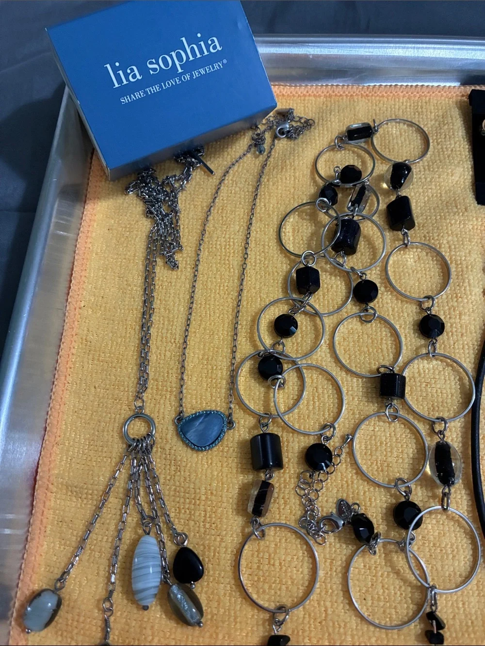 Lot of 9 Lia Sophia Black and Gold Mixed-Link Necklaces/earrings /clip earrings